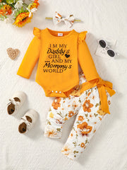 Baby Girls Letter Print Creeper Romper Top Floral Pants Set