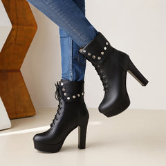 Studded High Heel Lace-Up Platform Boots