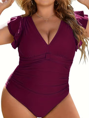 Retro Swimsuit Solid Butterfly Sleeve V Neck Backless One Piece