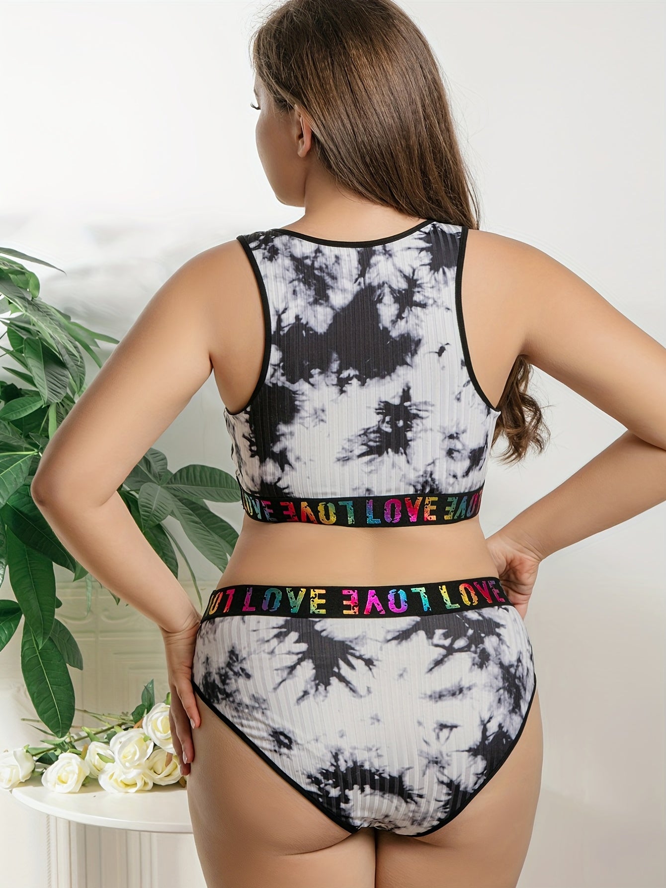 Tie Dye Letter Tape Tank Bra & Underwear Set