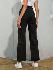 High Rise Denim Pants Solid Slash Pocket Straight Leg Jeans