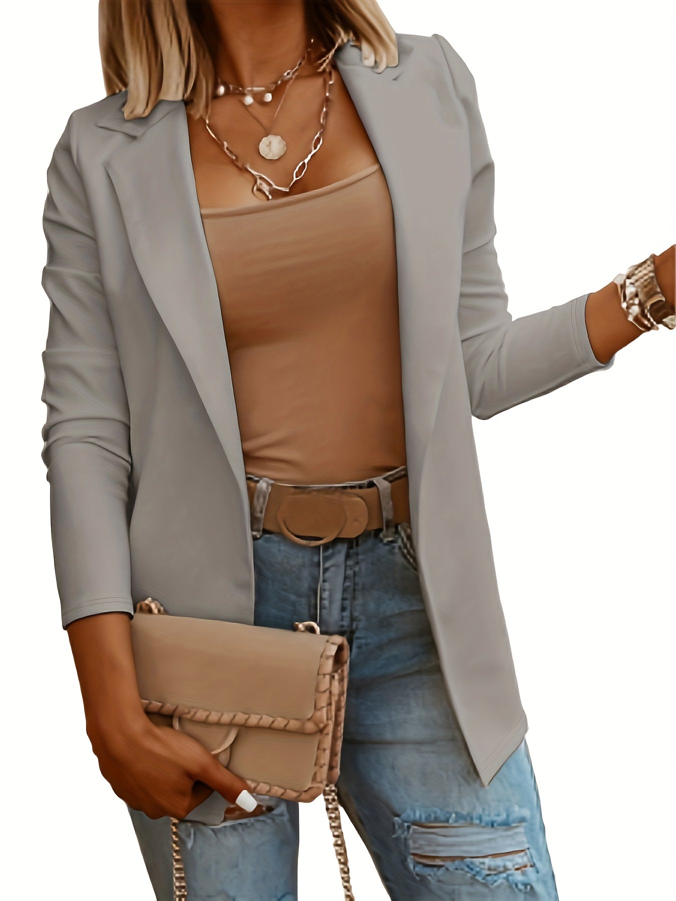 Solid Lapel Blazer Casual Open Front Long Sleeve Work Office Outerwear