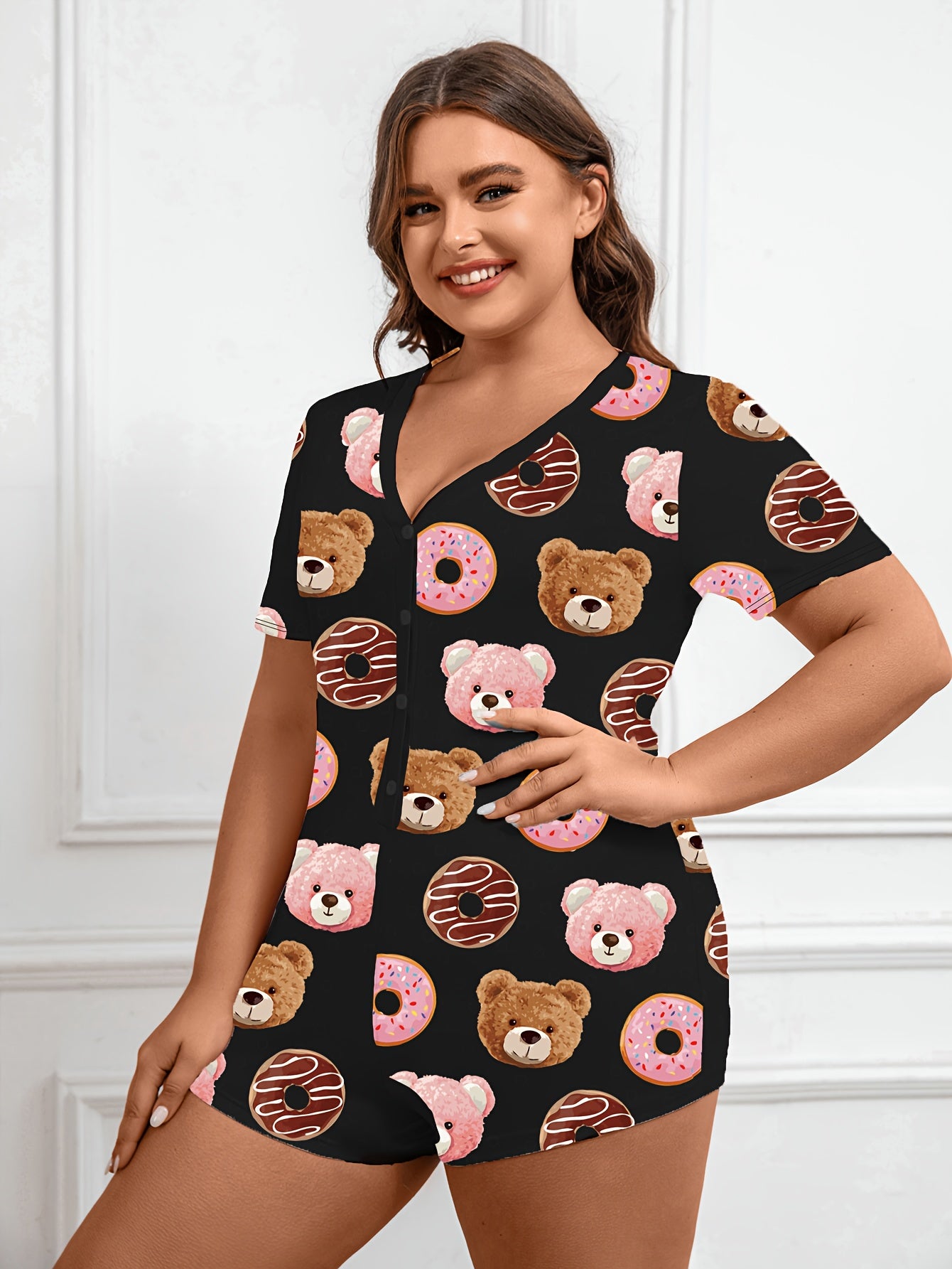 Donut & Bear Print Short Sleeve Button Up Loungewear Romper