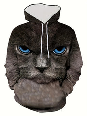 3D Digital Cat Print Hoodies For Men Graphic Sweatshirt With Kangaroo Pocket