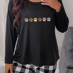 Women's Plus Dog Paw Print Long Sleeve Round Neck Medium Stretch