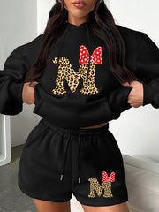 Women's Plus Letter & Bow Print Hoodie & Shorts Outfit Set