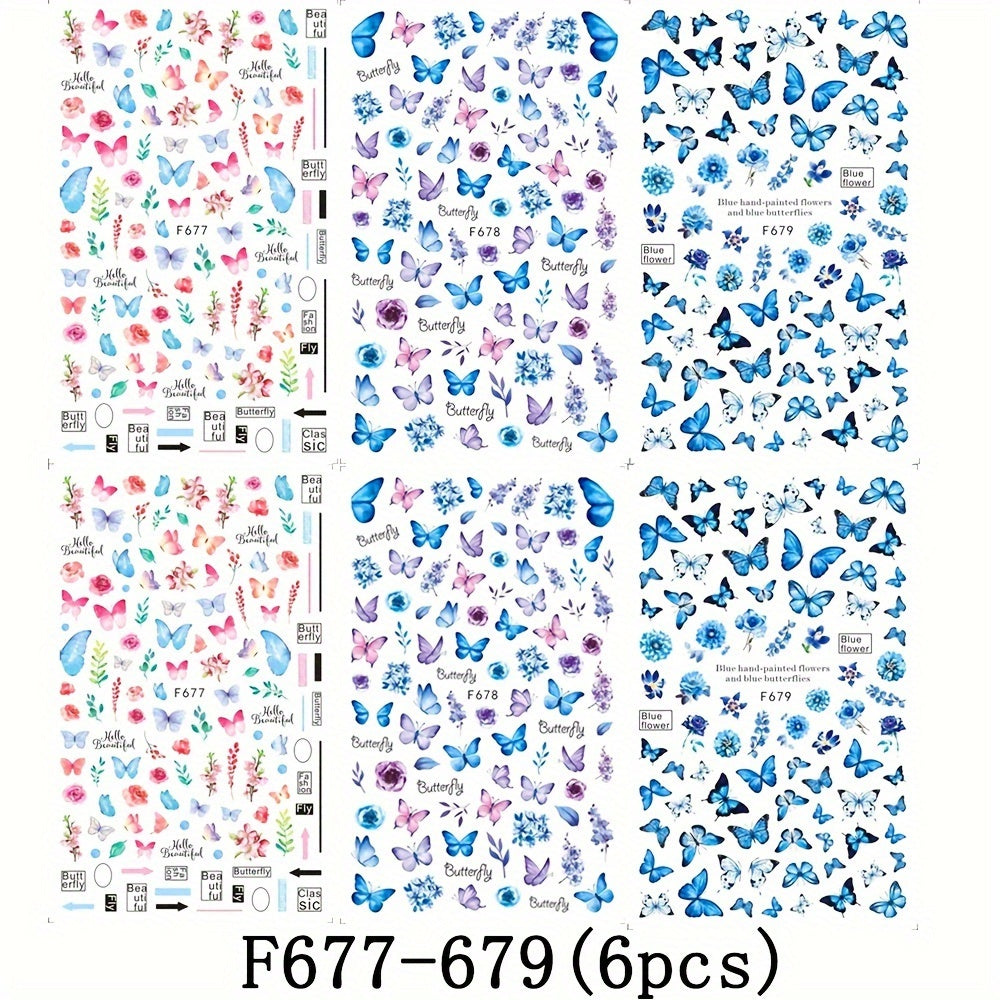 6pcs Butterfly Nail Art Stickers Floral Designs Self-Adhesive Nail Decorations