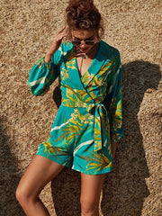 Floral Print Surplice Neck Romper Jumpsuit Long Sleeve Belted