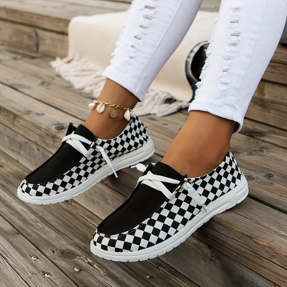 Women's Checkerboard Loafers Platform Canvas Sneakers