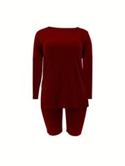 Women's Plus Solid Long Sleeve Top & Shorts Set