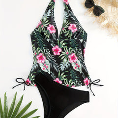 Tropical Print Halter Tankini Set High Cut Swimsuit
