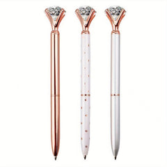 3pcs Crystal Diamond Pens Metal Ballpoint School Office Silvery Rose Golden