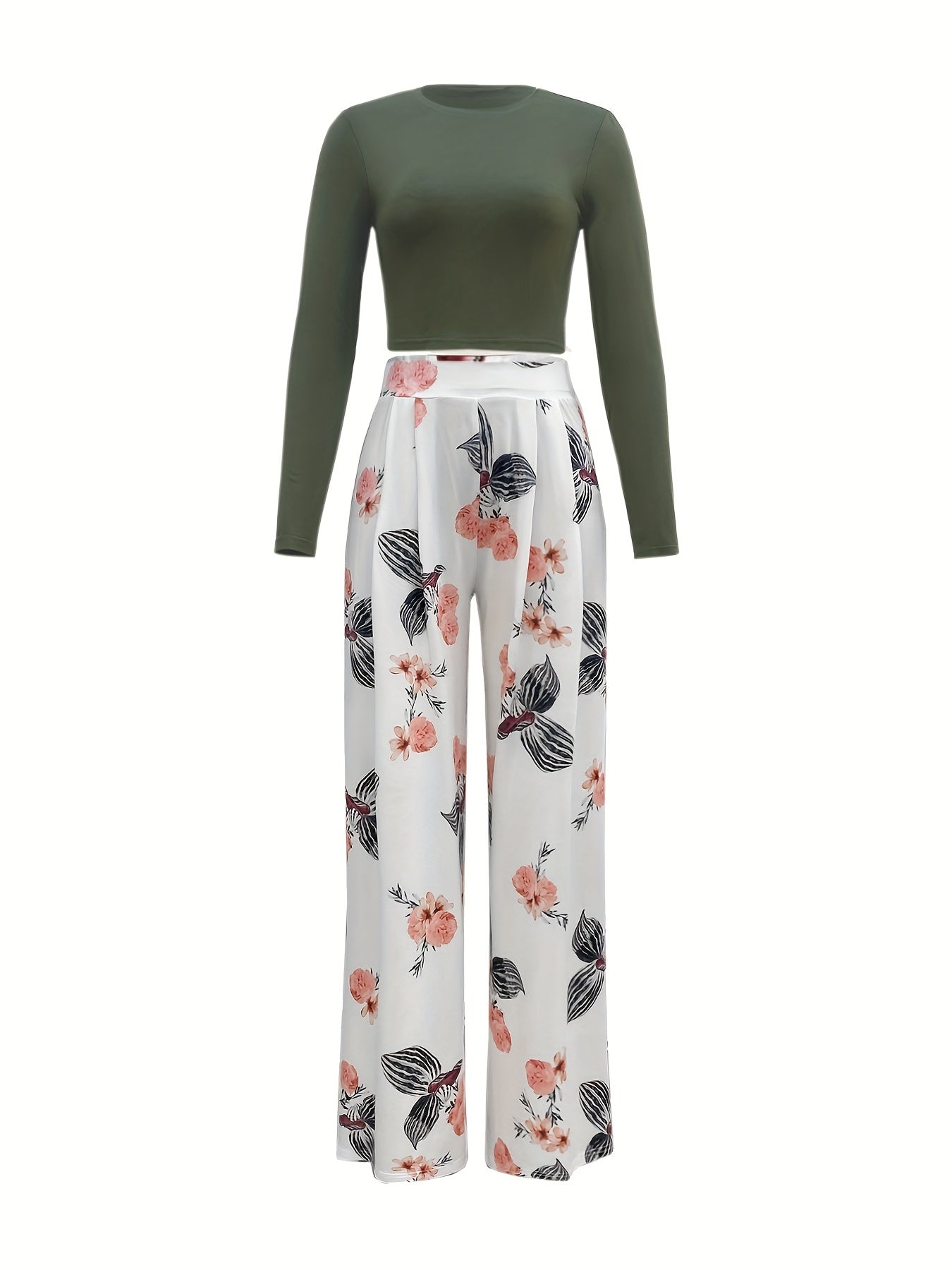 Solid Long Sleeve Tops & Floral Print Wide Leg Pants Set