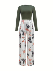 Solid Long Sleeve Tops & Floral Print Wide Leg Pants Set