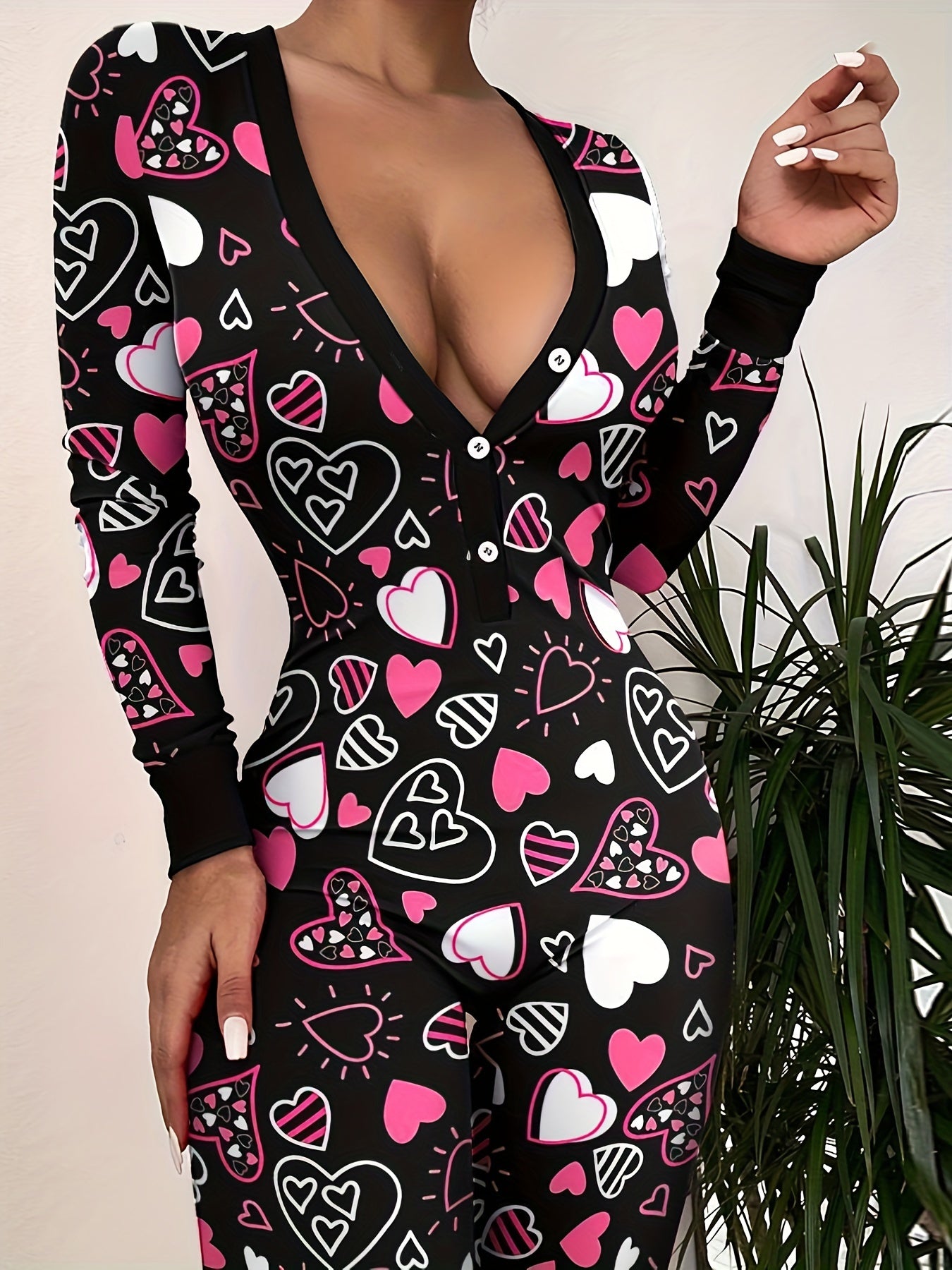 Heart Print Pajama Jumpsuit Long Sleeve V Neck Pajamas