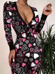 Heart Print Pajama Jumpsuit Long Sleeve V Neck Pajamas