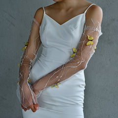 Yellow 3D Butterfly Bridal Sleeves Gloves Wedding Accessory Gift for Girlfriend
