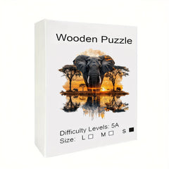 Elephant Forest Wooden Jigsaw Puzzle Vibrant Sunset Unique Animal Shapes
