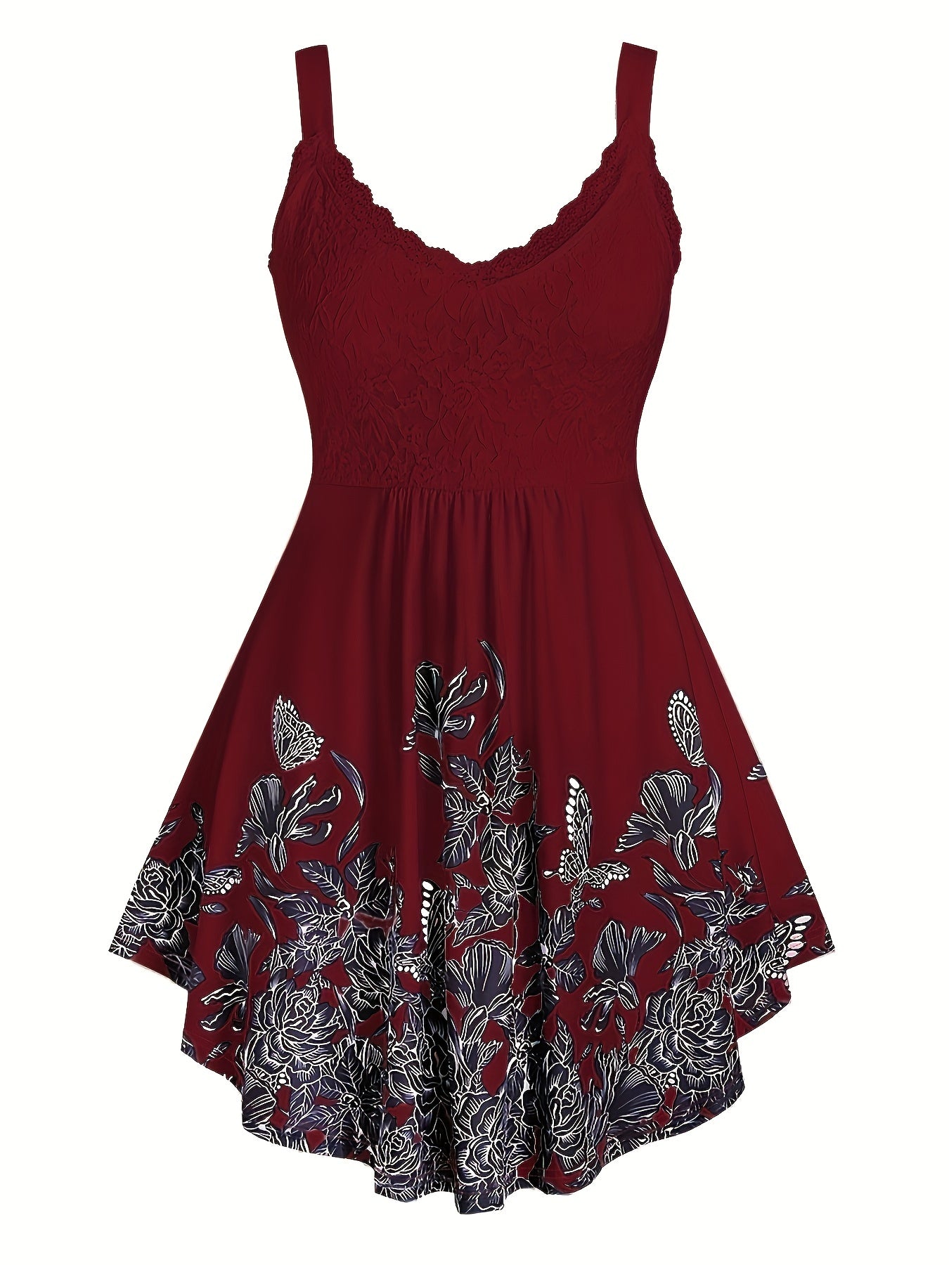 Floral Print Spaghetti Dress Sleeveless Ruched Lace Trim Casual Dress