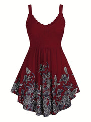 Floral Print Spaghetti Dress Sleeveless Ruched Lace Trim Casual Dress