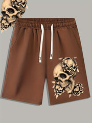 Skull & Flower Print Men's Casual Drawstring Shorts