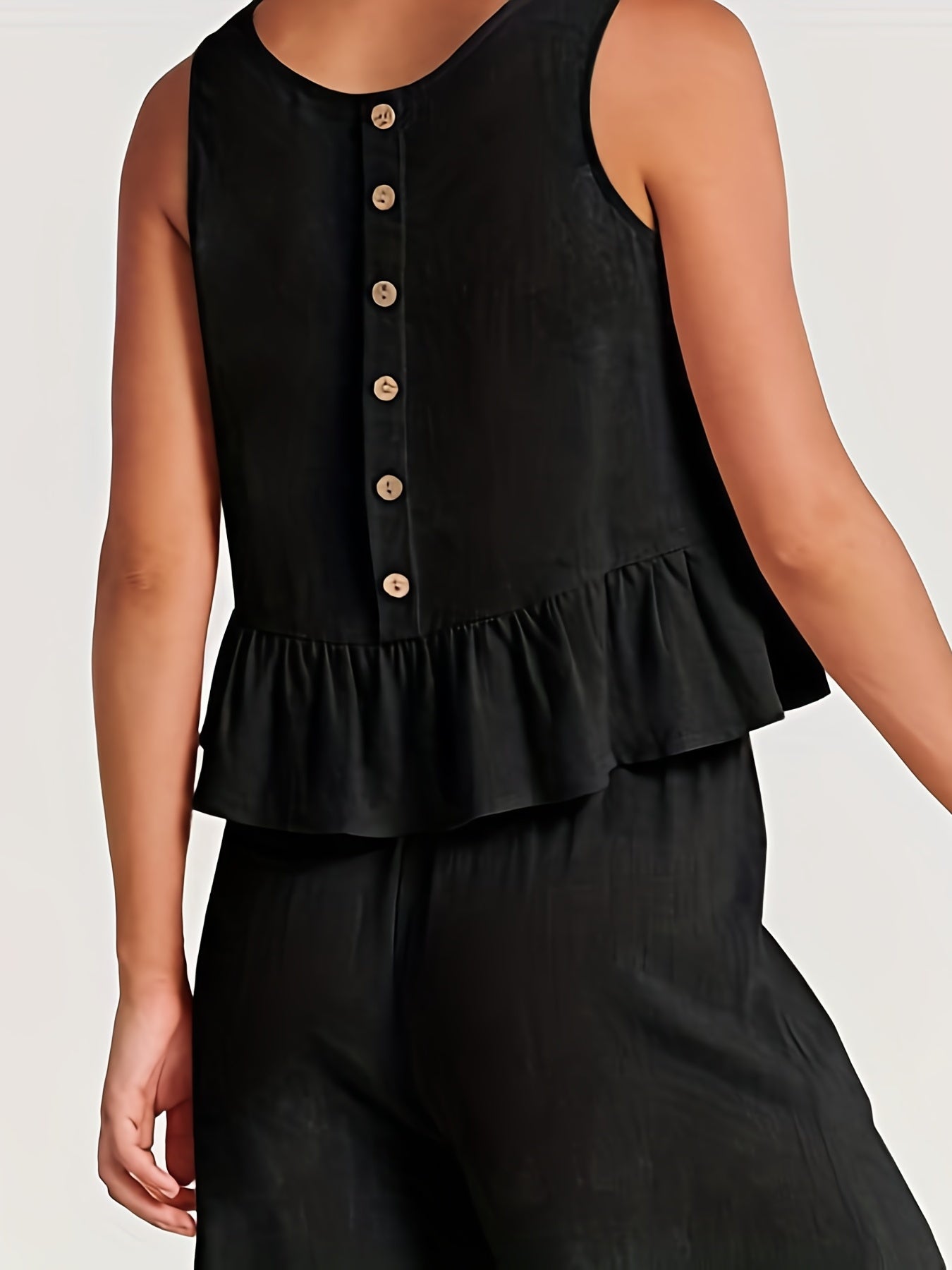 Solid Casual Two piece Set Crew Neck Buttons Tank Top & Wide Leg Pants