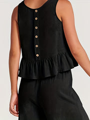 Solid Casual Two piece Set Crew Neck Buttons Tank Top & Wide Leg Pants