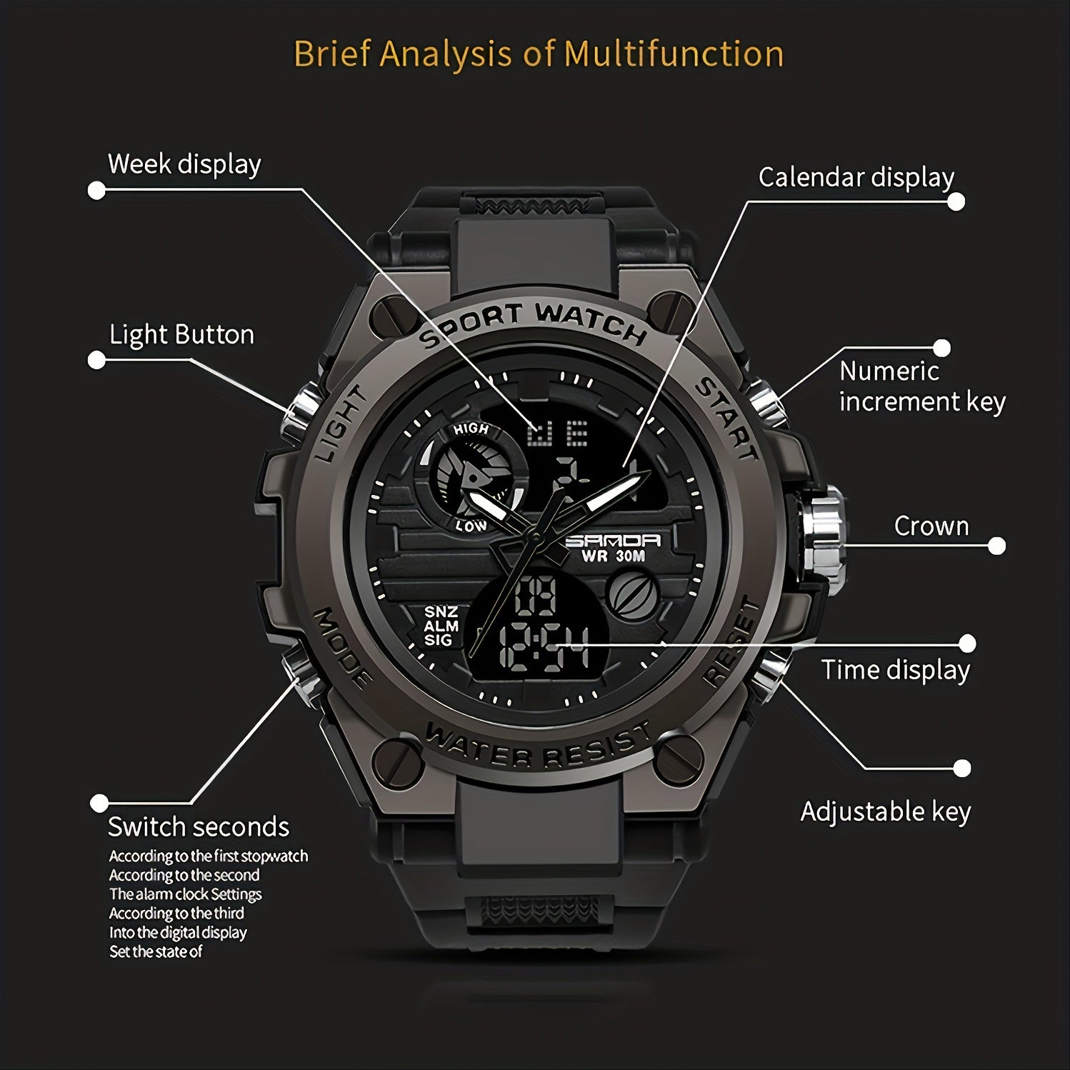 Men's Outdoor Waterproof Dual Display LED Alarm Watch