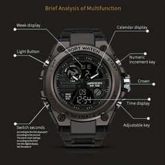 Men's Outdoor Waterproof Dual Display LED Alarm Watch