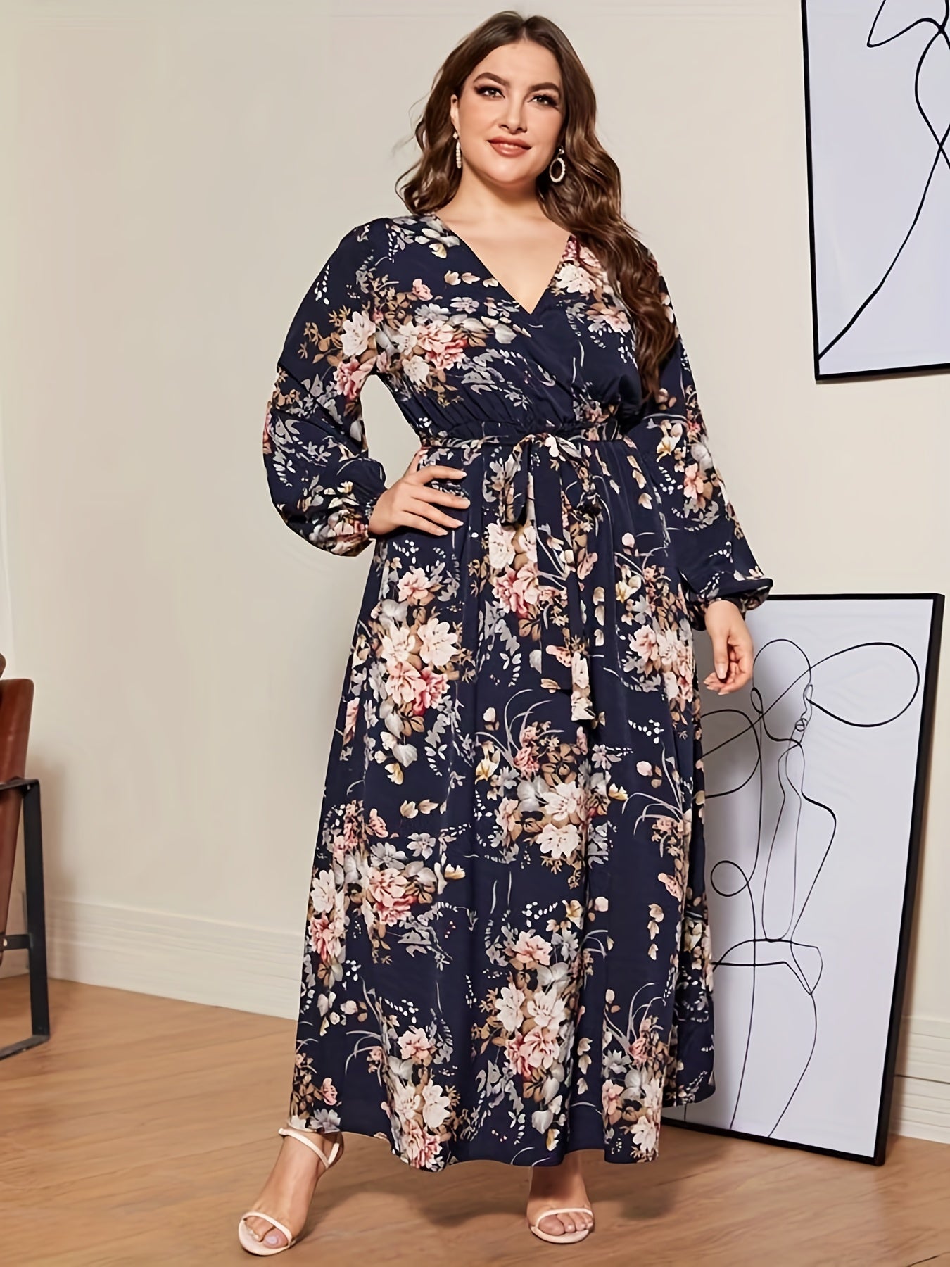 Women's Plus Floral Print Long Sleeve Maxi Dress With Belt