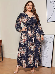 Women's Plus Floral Print Long Sleeve Maxi Dress With Belt