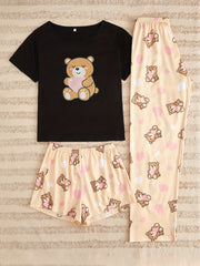 Bear Print Pajamas Set Crew Neck Top & Shorts Women's Sleepwear