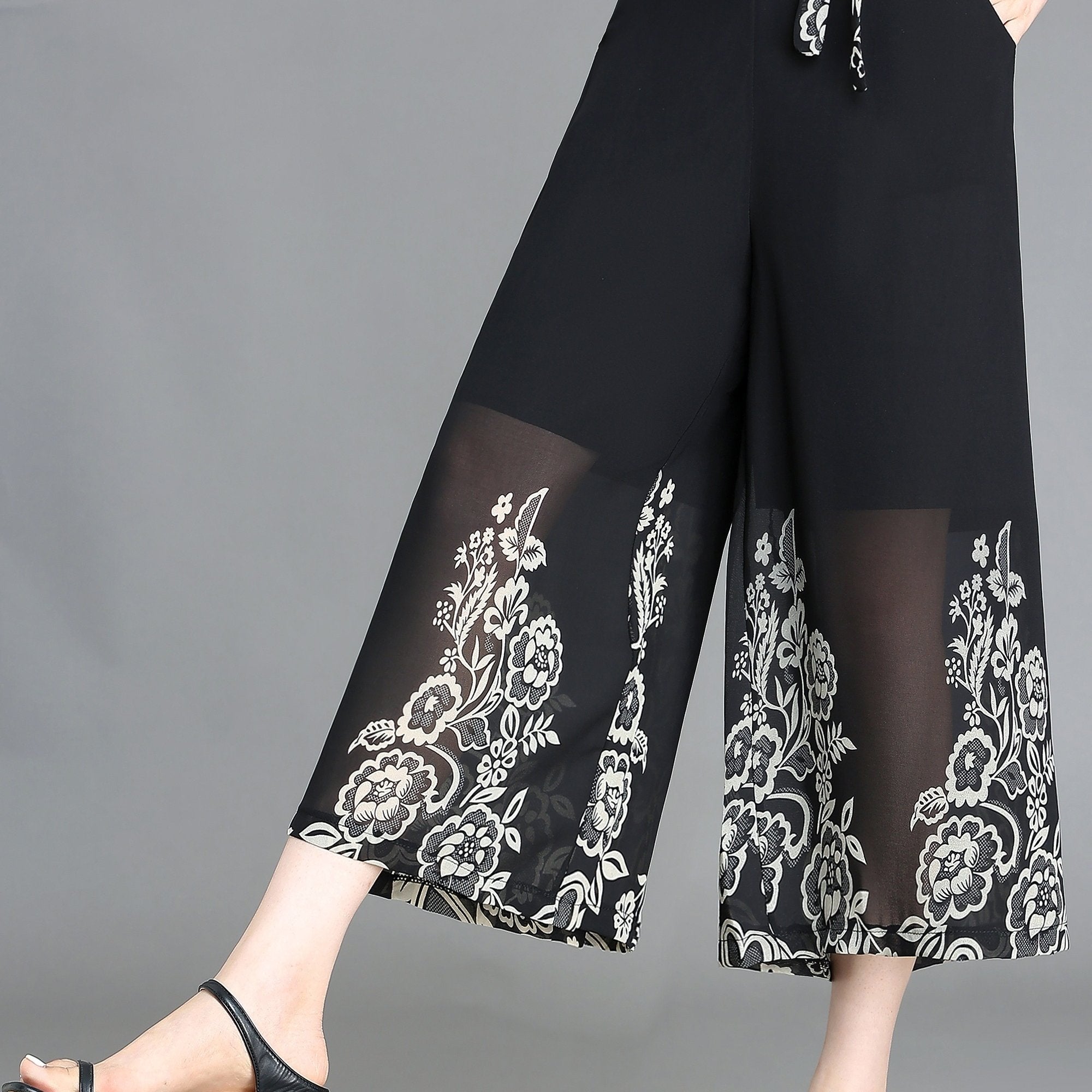Floral Pattern Chiffon Cropped Wide Leg Pants Casual Belted Pants
