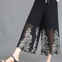 Floral Pattern Chiffon Cropped Wide Leg Pants Casual Belted Pants