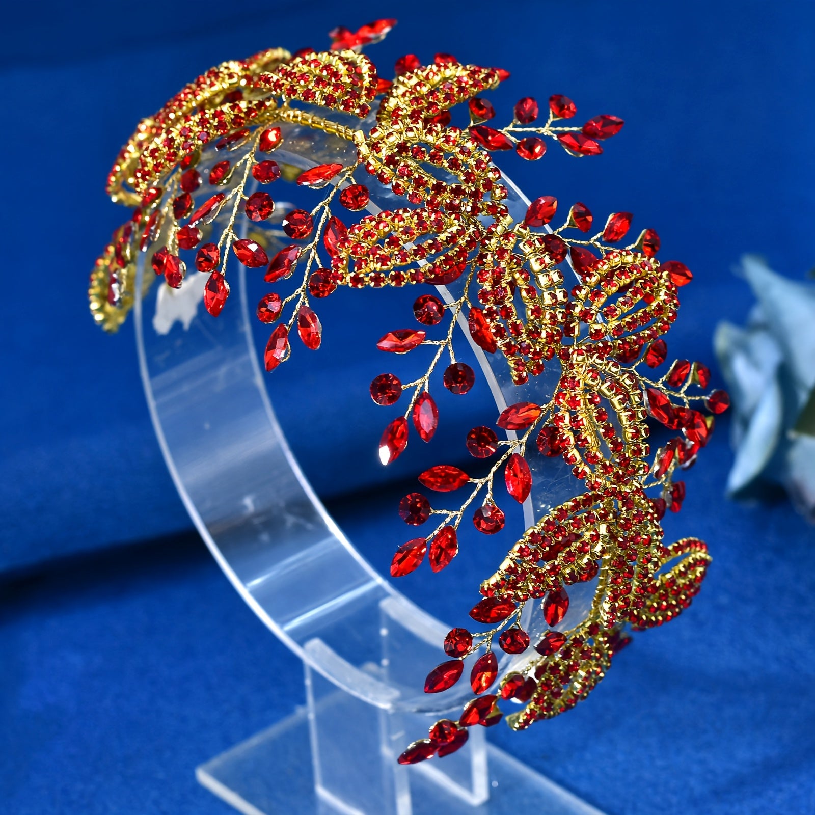 Vintage Red Rhinestone Floral Bridal Headband Wedding Prom Formal