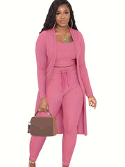 Ribbed Crop Top & Tie Leggings & Cardigan Set