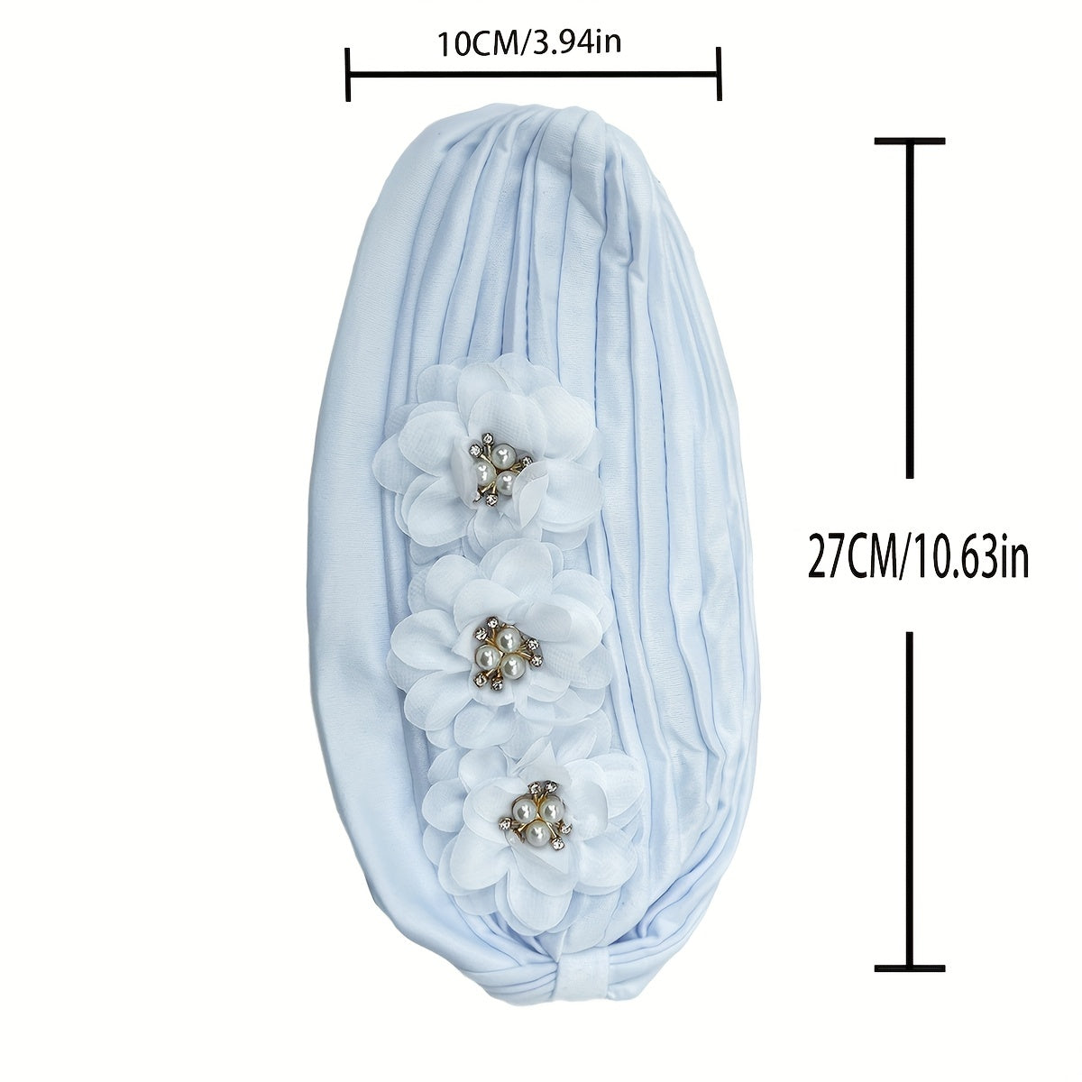 Pleated Turban Cap Faux Pearl Flower Decor Head Wrap Elastic Beanie