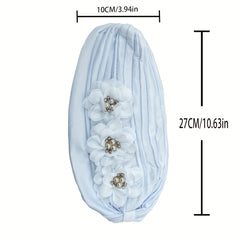 Pleated Turban Cap Faux Pearl Flower Decor Head Wrap Elastic Beanie