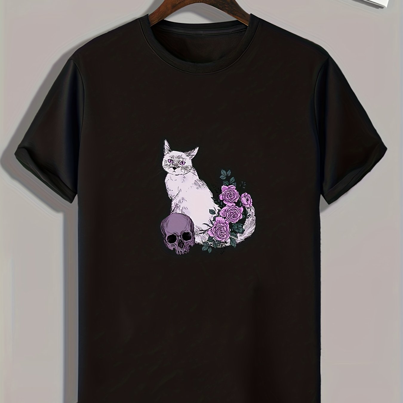 Cat & Skull Pattern T shirt For Men Short Sleeve Top Casual Tee Men's Clothes