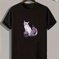 Cat & Skull Pattern T shirt For Men Short Sleeve Top Casual Tee Men's Clothes