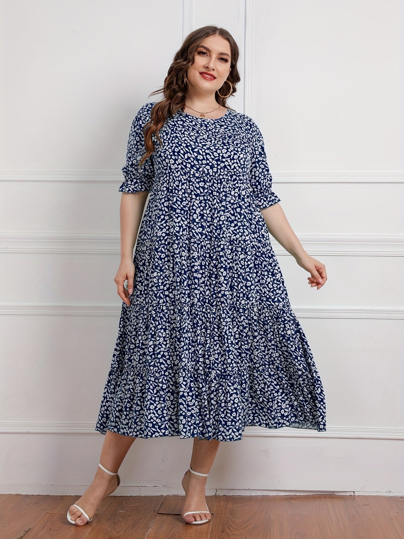 Floral Print Plus Size Maxi Dress Round Neck Long Dress