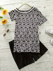 Greek Print Split Top & Solid Shorts Set Women's Outfit
