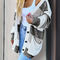 Striped Button Up Pocket Cardigan Long Sleeve Sweater