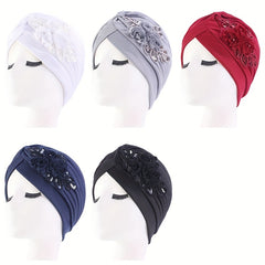 Sequin Flower Decor Turban Cap Pleated Bonnet Head Wrap
