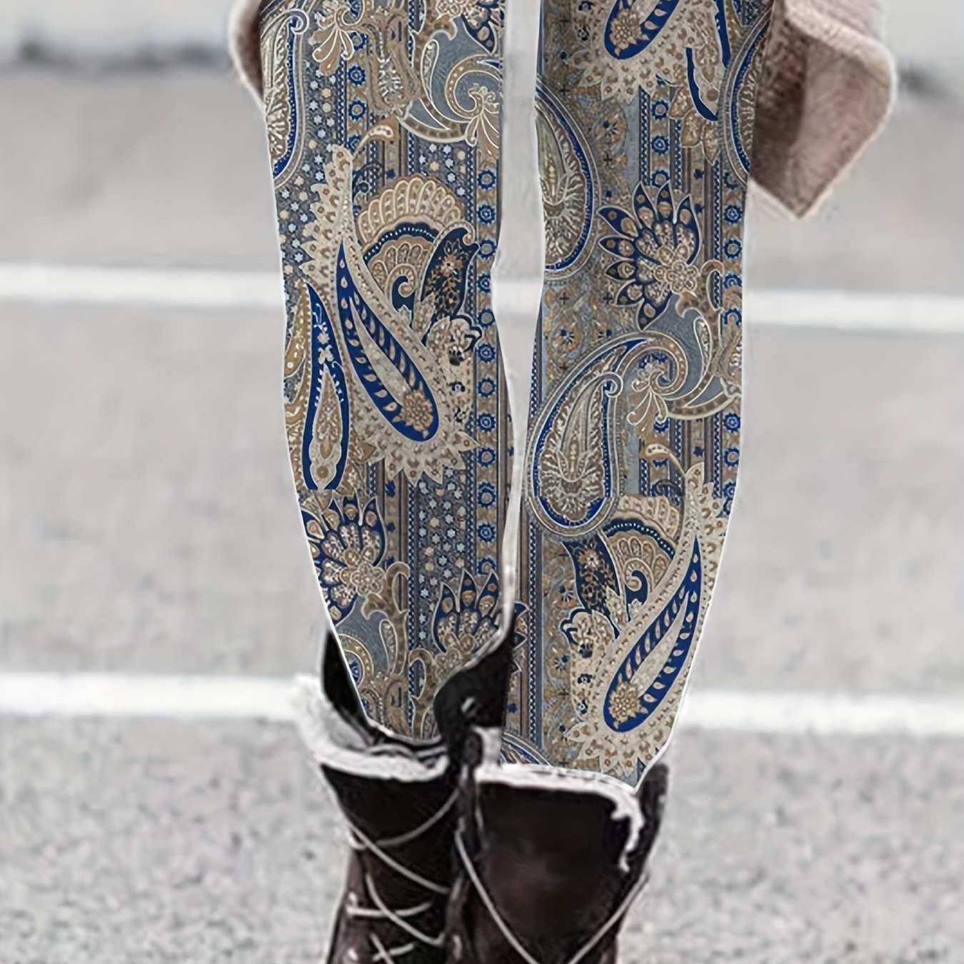 Boho Leggings Women's Plus Paisley Print Elastic High Rise