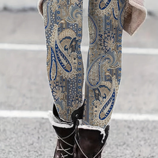 Boho Leggings Women's Plus Paisley Print Elastic High Rise