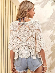 Boho Lace Ivory Cover Up Top Crochet Trim