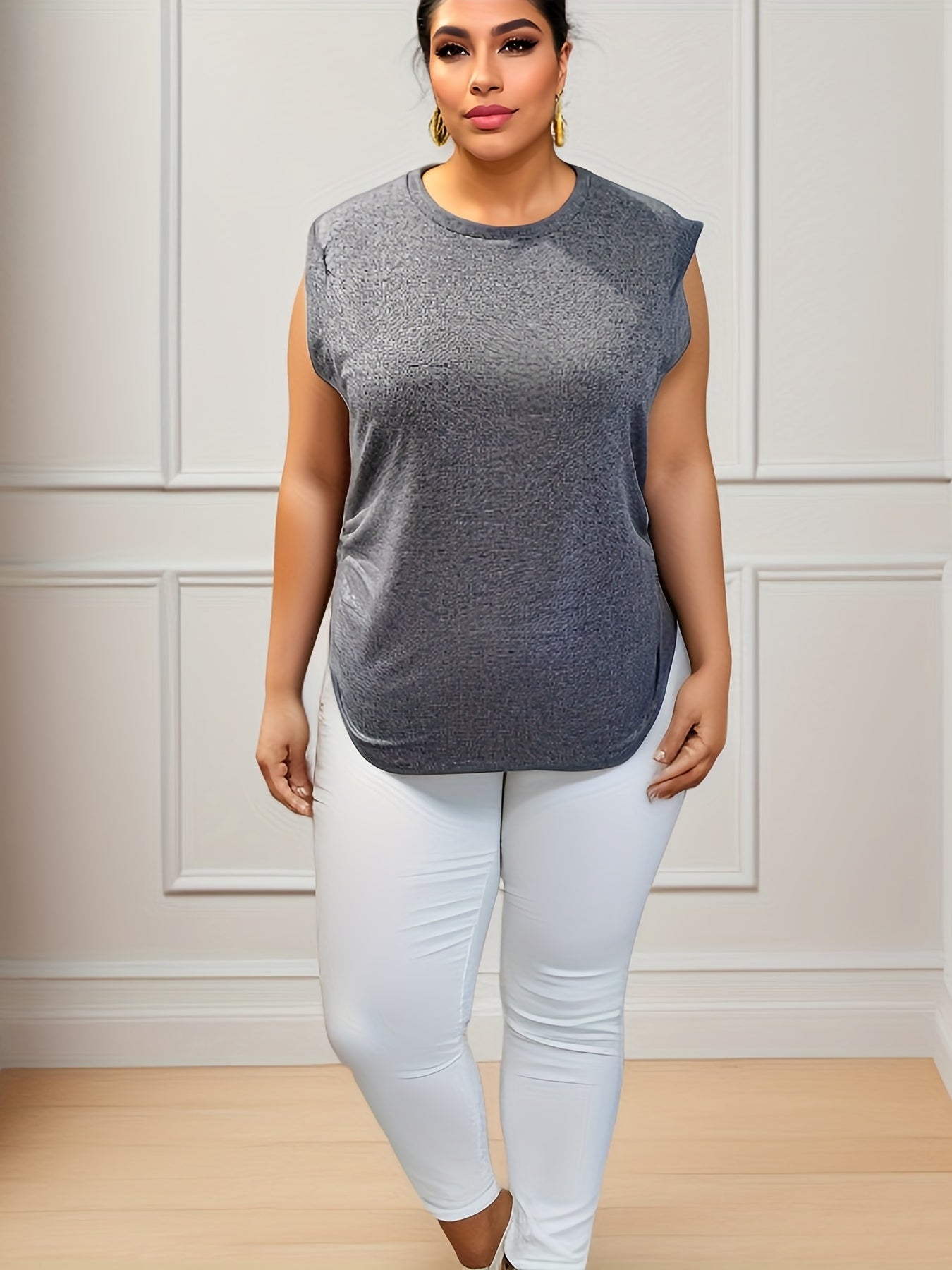 Women's Plus Size Casual Tank Top Round Neck Ruched Side High Stretch
