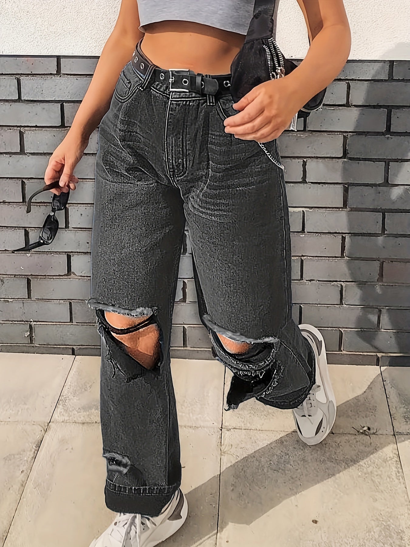 Distressed Straight Jeans Ripped Holes Loose Fit Denim Pants