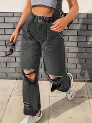 Distressed Straight Jeans Ripped Holes Loose Fit Denim Pants